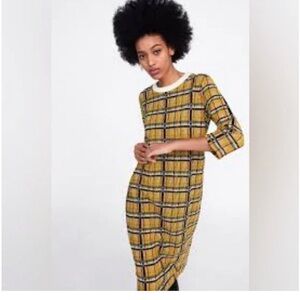 Zara textured Yellow Black Plaid 3/4 Sleeve midi Dress crew neck harvest fall XS